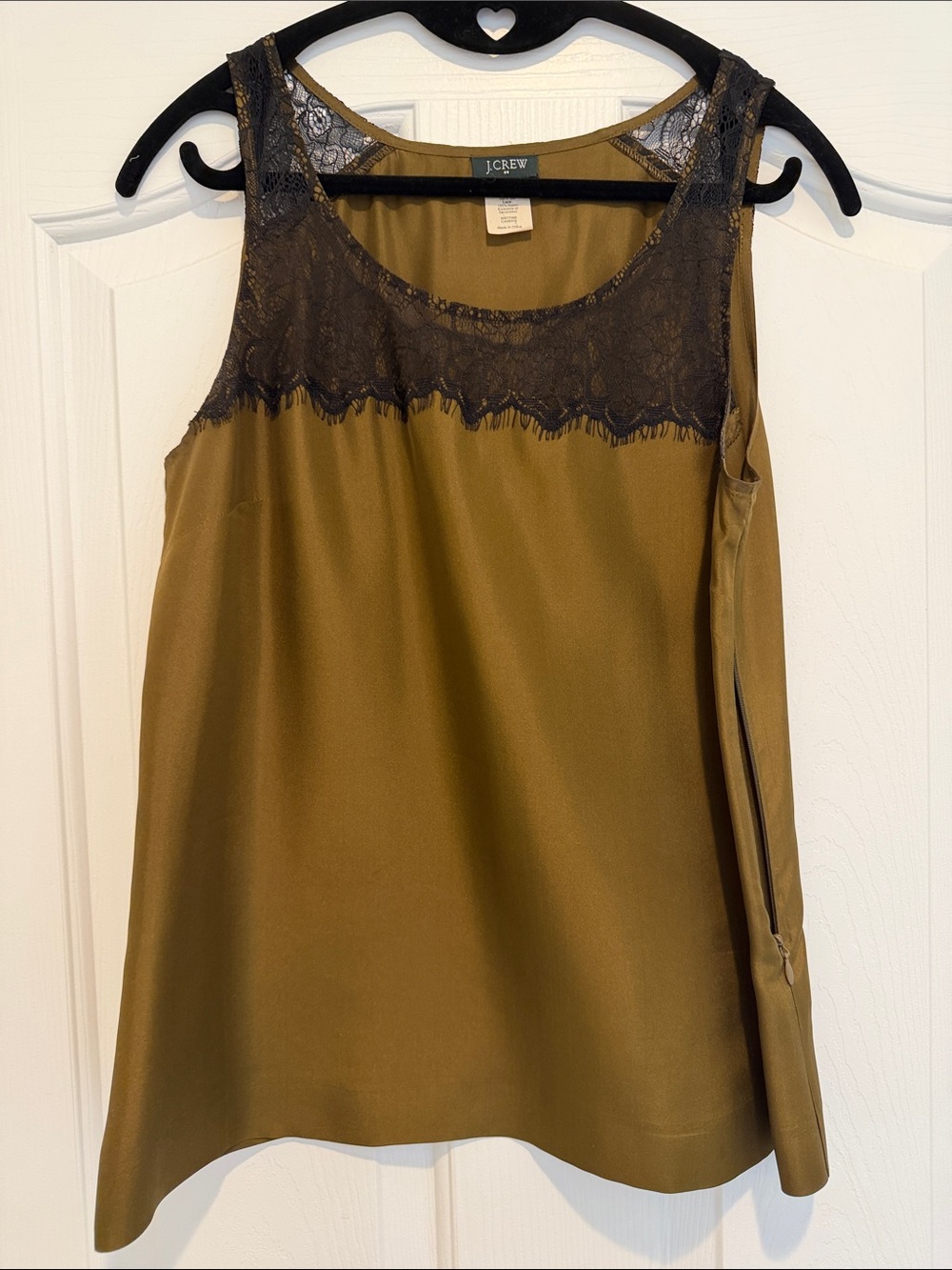 J. Crew Olive Lace-Trim Silk Camisole